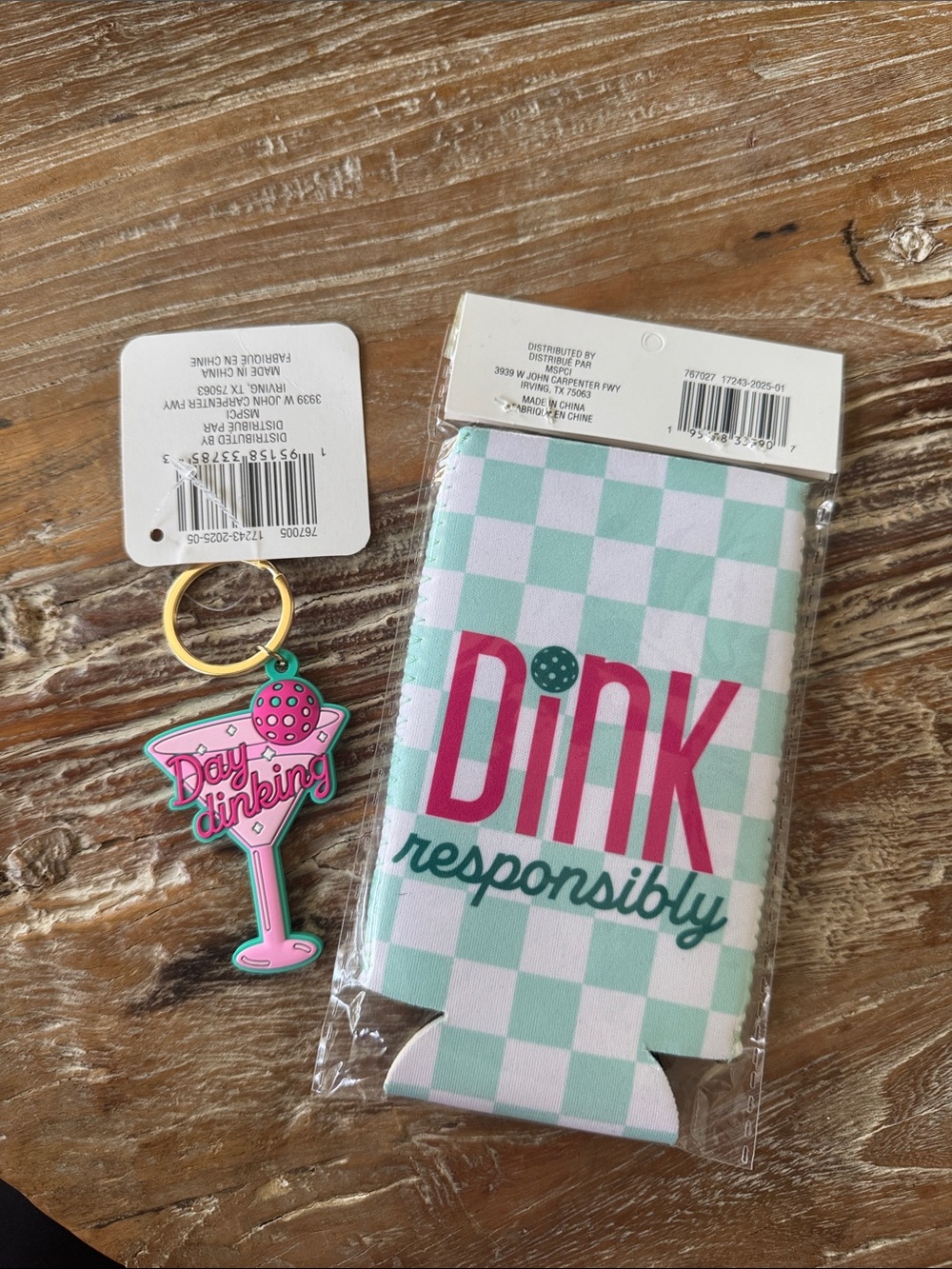 Pink Responsibly Checkered Can Cooler + Day Dinking Keychain